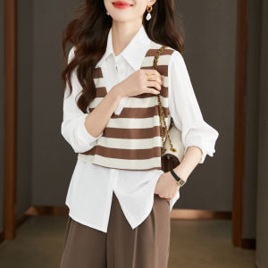 Stylish Versatile Striped Blouse Fake Two-Piece