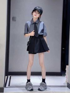 Girls Summer Casual Designer Shirt Two-Piece Set School Style Fashionable Trendy Thin Fabric Korean Version Childrens Clothing