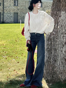 Quần Jeans Denim Ống Loe Lưng Thấp Retro Xanh Cạp Lửng Cho Nữ Quần Dài Đến Sàn Co Giãn Không Dính Quần Jeans Thường Ngày Thu Đông