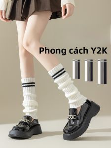JINGCHI | Tất dệt kim màu trắng cho nữ mùa thu đông dài qua đầu gối JK tất ấm áp dài đến bắp chân phong cách Y2K tất quanh năm