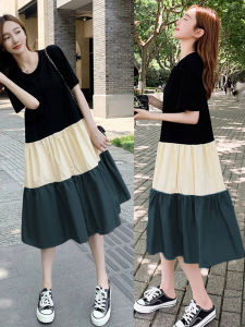 Fashionable Splice Color Block Summer Dress Loose Midi Size Large Meat Concealment T-Shirt Skirt Trendy Short Sleeve Top