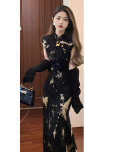 Hebe Style Fashionable Printed Slim Fit Dress Cardigan Two Piece Set New Chinese Style Qipao Summer City Commute Daily Wear