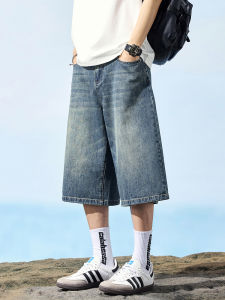 Vintage Mens Streetwear กางเกงยีนส์กางเกงขาสั้นแฟชั่นเกาหลีหลวมตรงกางเกงยีนส์สบายๆบุคลิกภาพกว้าง Baggy สั้นกางเกงชาย