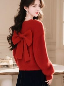 Elegant Red Christmas Knitted Sweater with Butterfly Knot for Women Casual Loose Fit Soft Polyester Fiber Spring Fashion