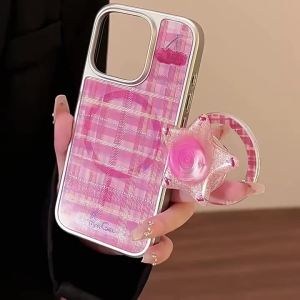Korean Plating Grid Pattern Rotate Stars Cherry Holder Magnetic Phone Case for iPhone 17 16 15 14 13 12 Pro Max Shockproof Cover
