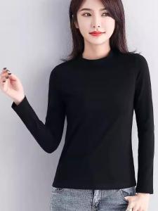 เสื้อยืดคอกลมแขนยาวผ้าฝ้ายแท้สีดำ สำหรับผู้หญิง ฤดูใบไม้ร่วง 2025 ใหม่ คอตั้ง ทรงเข้ารูป ปกติ จีนแผ่นดินใหญ่