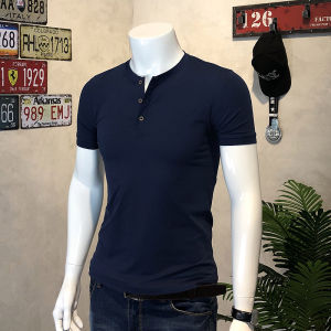 Áo thun cotton nguyên chất thoải mái cho nam có cổ Henry Phong cách giản dị của Mỹ Cổ cửa in màu trắng tinh khiết