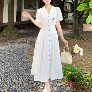 High Waist Embroidered Sweet Style Shirt Dress Summer Large Size Student Girl Casual White Dress