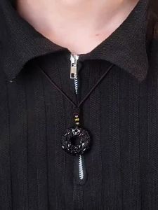 YANGCHUANGSHISHANG | S925 Silver Obsidian Safety Lock Pendant Necklace
