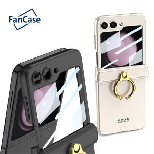 Magnetic Hinge Z Flip 6 7FE Matte Case Back Cover Ring Holder Kickstand Samsung Galaxy Z Flip6 Casing All-Round Protection Anti-Drop Durable Hard PC Phone Case with Tempered Glass