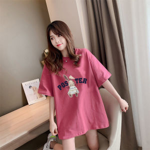 Summer 2025 Womens Loose Fit Mid-Length Short Sleeve T-Shirt Fashionable Korean Style Pink Half Sleeve Printed Casual Top