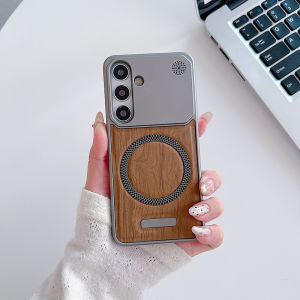 Frameless Wood Grain Leather Magnetic Case For Magsafe Samsung Galaxy S26 Ultra S25 S24 Plus S23 S22 Ultra A55 A35 A56 A36 A37