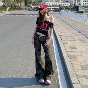 Low Waist American Style Camouflage Bell Bottom Jeans Womens Retro Slim Fit Casual Denim Pants Autumn New Arrival