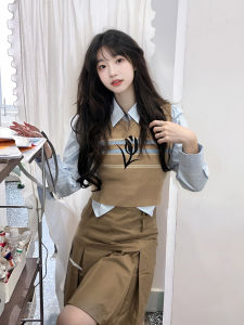 College Style Womens Spring Autumn Short Knitted Vest And Shirt Two Piece Set American Retro Stripes Fashion Ensemble