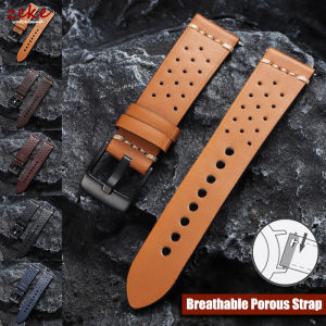 20mm 22mm for Seiko Stitching Sports Leather Strap Mens Breathable Porous Genuine Leather Watch Band Black Buckle Bracelet Belt