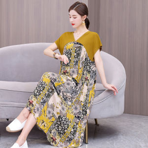 Váy Voan Cotton Cao Cấp Mùa Hè Cho Mẹ Trung Niên Cỡ Lớn Rộng Rãi Che Bụng Thon Gọn Thanh Lịch Váy Dài Vừa Phải Cổ Chữ V