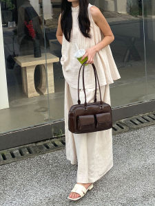 Retro Oil Wax Leather Shoulder Bag Womens Handbag Bowling Bag Underarm Bag Fashionable Trendy Soft PU Leather Bag