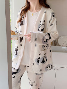 Bộ Đồ Ngủ Cho Bà Bầu Bằng Cotton Mùa Đông Dày Cotton Không Dệt Họa Tiết Hoạt Hình Cổ Chữ V Quần Dài Khóa Kéo Trung Tính