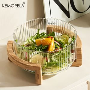 KEMORELA Striped Glass Bowl with Wooden Stand Scratch-Resistant Round Salad Fruit Dessert Display for Living Room