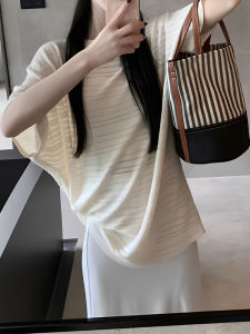 YUEZHONGWEI | Loose Fit Ice Silk Linen Knitted Short Sleeve T-Shirt Women Summer Slimming Half Sleeve Top French Style Casual Commute Wear