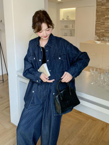 Deep Blue Casual Fashion Retro Denim Set Womens 2025 Autumn New Wide Leg Pants Two Piece Set Jacket And Pants Ensemble