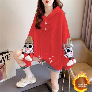 Womens Fashionable Hooded Jacket Mid-Length Fluffy Lined Cute Cartoon Print Long Sleeve Loose Fit Cotton Polyester Blend