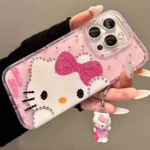 Sanrio | Rhinestone Bling Crystal Hello Kitty Polka Dot Phone Case For iPhone 16 12 13 14 15Pro Max Transparent Bumper Cover With Pendant