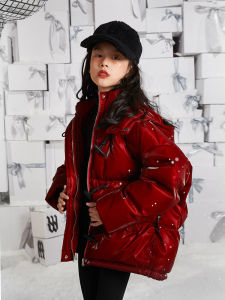 Red down Jacket for Girls Warm Bread Style New Year Visit Clothes 90% White Duck down Filling Casual Loose Fit Kids Clothes