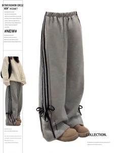 Plus Size American Retro Trousers Bow Bandage Sweatpants Womens Autumn and Winter All-Matching Thickened Elastic Waist Casual Pants