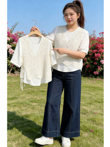 Shalldoer | Design French Lace Two-tone Look Short Sleeve Shirt Female Summer