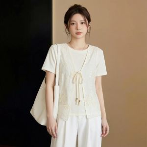 AIYITI | Lace Embroidered Sleeveless T-Shirt Vest Set