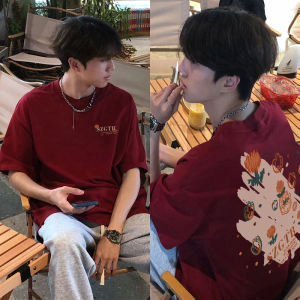 Red Wine Color Heavyweight T-Shirt Mens Loose Fit Short Sleeve Pure Cotton Summer New Style Casual Top INS Trendy Brand