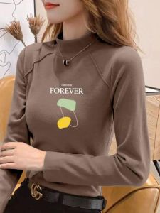 Womens Half High Collar Thickened Long Sleeve T-Shirt Warm Base Layer Shirt Slim Fit Korean Style Commute Fashion Top
