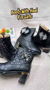 Black Leather Shoes For Kids Girls Princess Ankle Boots With Heel Rhinestone Bow Desgin School Shoes