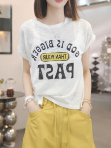 BINKAFENNY | Large Size Womens White Letter Print Short Sleeve T-Shirt Summer Loose Slimming Top Korean Style Commute Fashion Creative Pattern