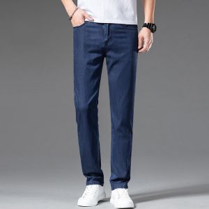 ROMON | Romon Mens Casual Thin Silk Denim Jeans Summer Business Leisure Long Pants Straight Leg Loose Fit Cool Feeling