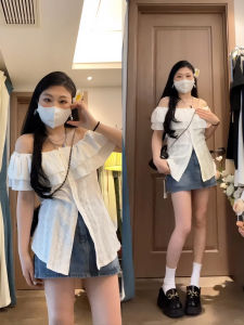 plus Size Womens White One-Shoulder Shirt Slimming Fit Pure Desire Style Summer New Arrival Korean Version Casual Shirt