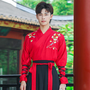 Large Size Mens Student Class Uniform Set Han Tang Ancient Style Wei Jin Style Costume Embroidered Polyester Fiber Dance Wear