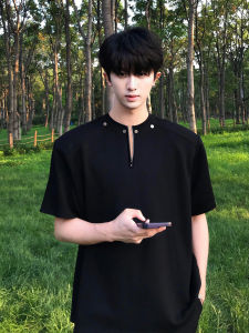 Shoulder Padded Half Zipper Short Sleeve Mens T-Shirt Black Rivet Design Heavyweight American High Street Style Breathable Polo Shirt