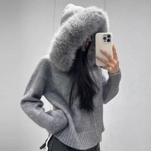 Áo Khoác Cardigan Len Nữ Thời Trang Mùa Xuân Có Mũ Lông Cáo Thật Áo Khoác Len Dệt Kim Thường Ngày Mùa Thu Khóa Kéo Co Giãn Nhẹ