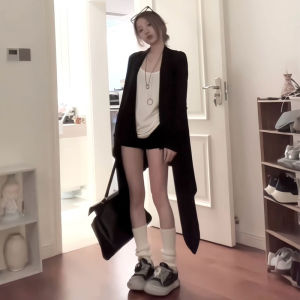 BINKAFENNY | เสื้อคาร์ดิแกนถักไหมน้ำแข็งสีดำยาวปานกลางสำหรับผู้หญิงในช่วงฤดูร้อน เสื้อคลุมกันหนาวแบบบาง เสื้อคลุมกันหนาวแบบสวมหัว ทรงสลิมฟิต