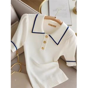 Áo Thun Nữ Cổ Polo Tay Ngắn Sọc Cao Cấp Cao Mùa Hè Thường Ngày Thường Xuyên Dệt Kim Polyester Dài Vừa Phải Thường Ngày