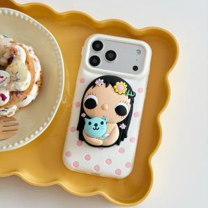 EOENKK | Korean INS 3D Cartoon Girl Phone Case For iPhone 17 16 15 14 13 12 Pro Max Plus 16e 17e Shockproof Silicone Stand Phone Cover