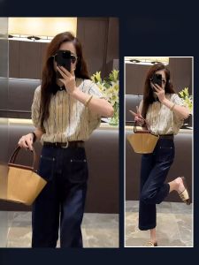 Elegant Casual Summer Shirt And High Waist Straight Leg Jeans Set Womens Fashion High Quality Beautiful Nine Points Denim Pants