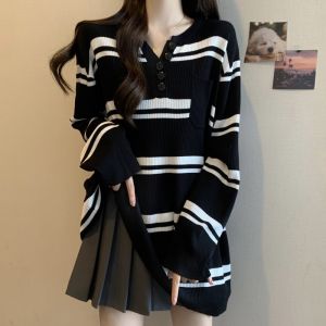 Womens V-neck Long Sleeve Knitted Sweater plus Size Inner Wear Slimming Mid-length Cover Butt Top Early Autumn Striped