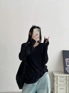 SunYeo Grey Knitted Loose Thin Long Sleeve round Neck T-Shirt Women Summer Korean Style Casual Comfortable Breathable Top