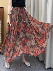 2025 New Retro Ethnic Floral Print High Waist Ice Silk Slimming Half-length Womens Skirt Comfortable Soft Korean Style A-line