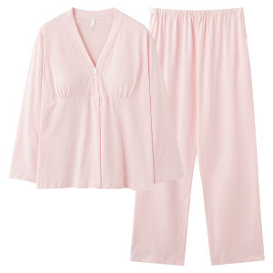 Bộ đồ ngủ bà bầu MiiOW vải cotton áo dài tay cổ chữ V thoáng khí