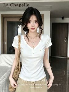 La Chapelle | American Style White V-Neck Short Sleeve T-Shirt