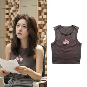 Short Pure Cotton Embroidered Letter Womens Vest Summer Fashionable Versatile Cherry Girl Spicy Chic Coffee Color Tank Top